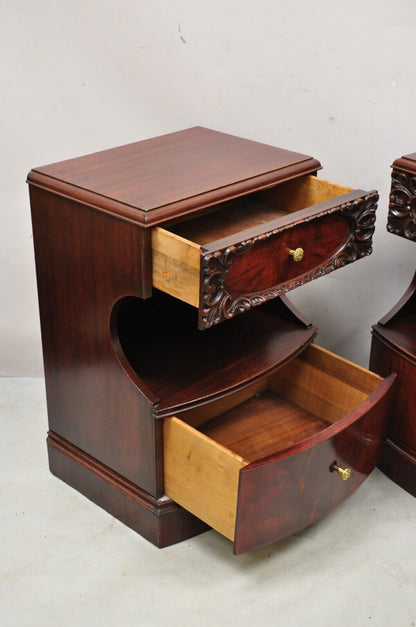 Pair Vtg Chinese Chippendale Flame Mahogany 2 Drawer Nightstands Bedside Tables