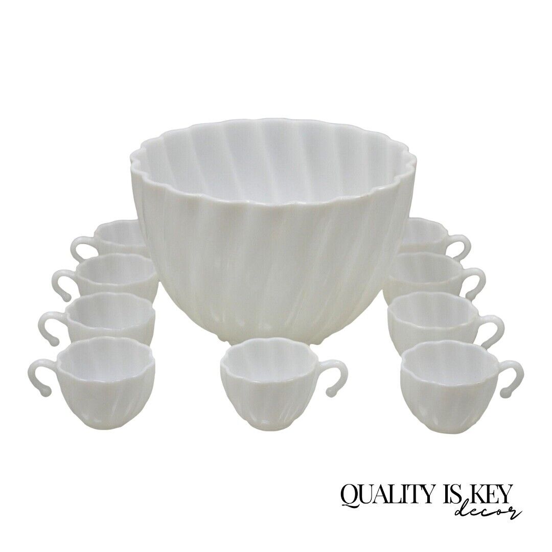 Hazel Atlas White Apline Swirl Punch Bowl Set 9 Hook Handle Cups - 10 pcs