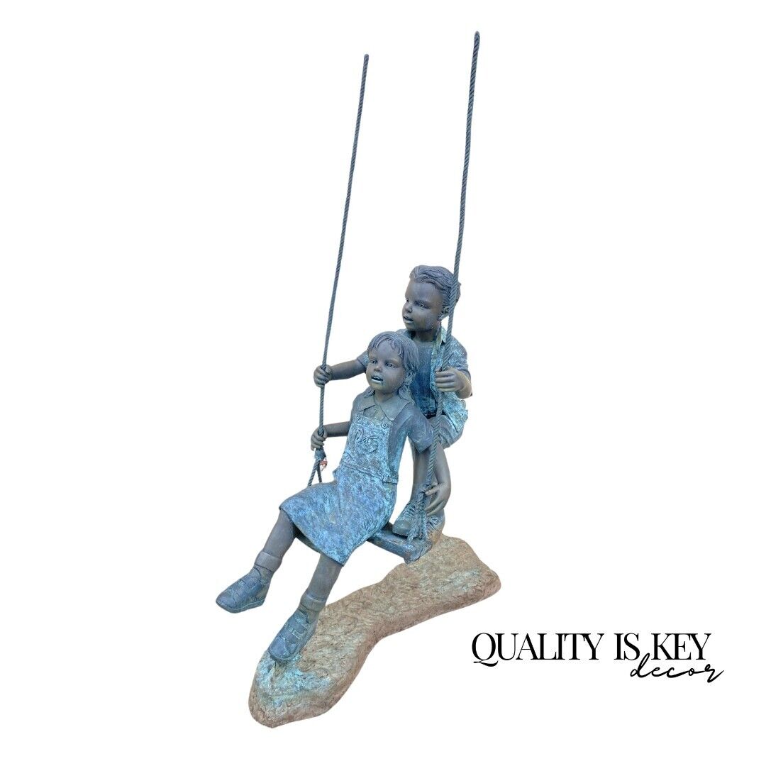 Bronze Boy and Girl Children Swinging Garden Outdoor Statue Sculpture