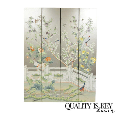 Vintage Chinoiserie Silver Leaf Birds Butterflies 4 Panel Screen Room Divider B