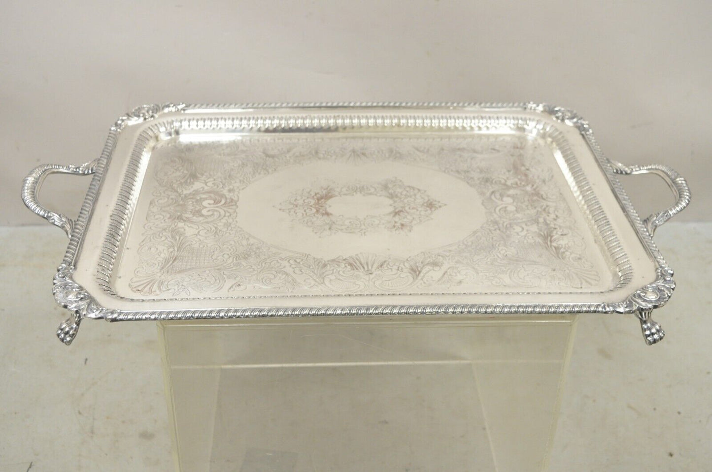 Antique English Victorian Rectangular Silver Plated Platter Tray on Paw Feet