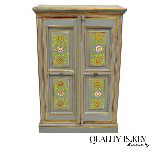 Vintage French Country Style Blue Painted Floral Wooden 2 Door Cupboard Cabinet