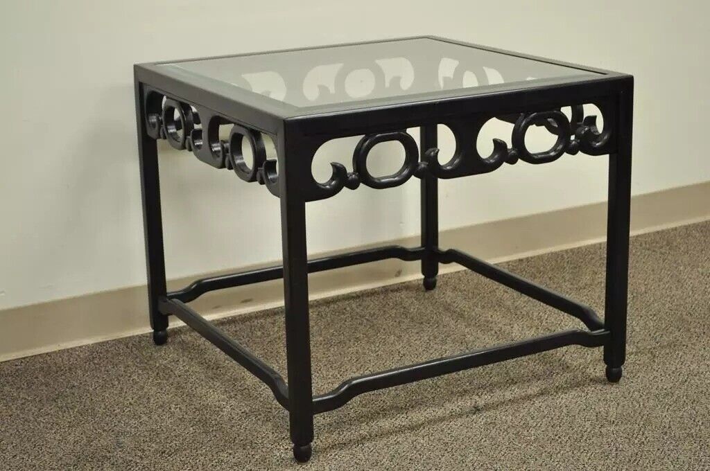 Vintage Oriental Chinoiserie Black Fretwork Glass Square Occasional Side Table