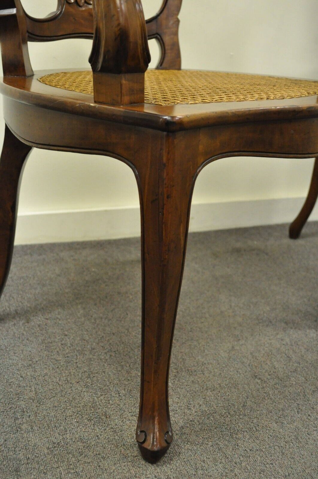 Vintage Italian Venetian Style Cherry Wood Cane Seat Arm Chairs - a Pair