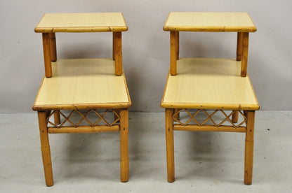 Vintage Tiki Rattan Mid Century Bamboo Step Up End Tables - a Pair