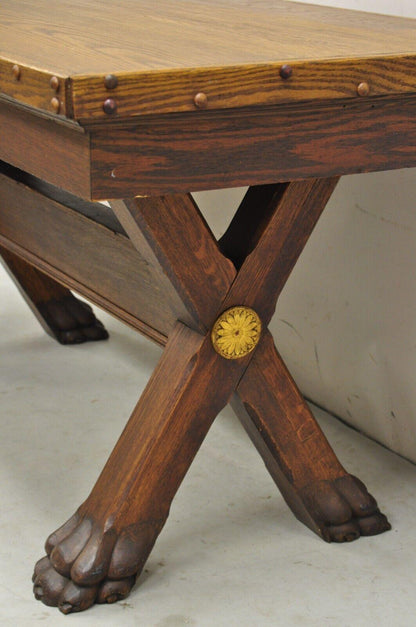 Antique English Renaissance Oak Wood Trestle Sawbuck Dining Table with Paw Feet