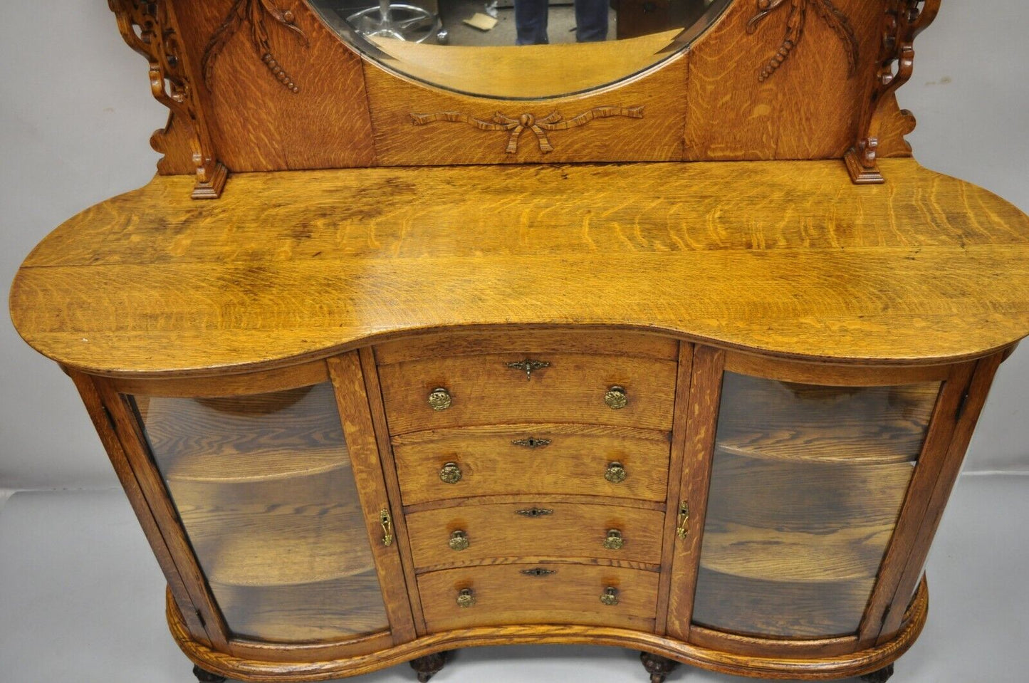 Antique Victorian Tiger Oak Carved Paw Feet Sideboard Buffet China Cabinet Base