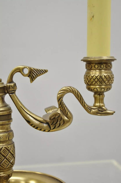 Regency Style Brass Swans Candlestick Bouillotte Tole Metal Table Lamp (C)