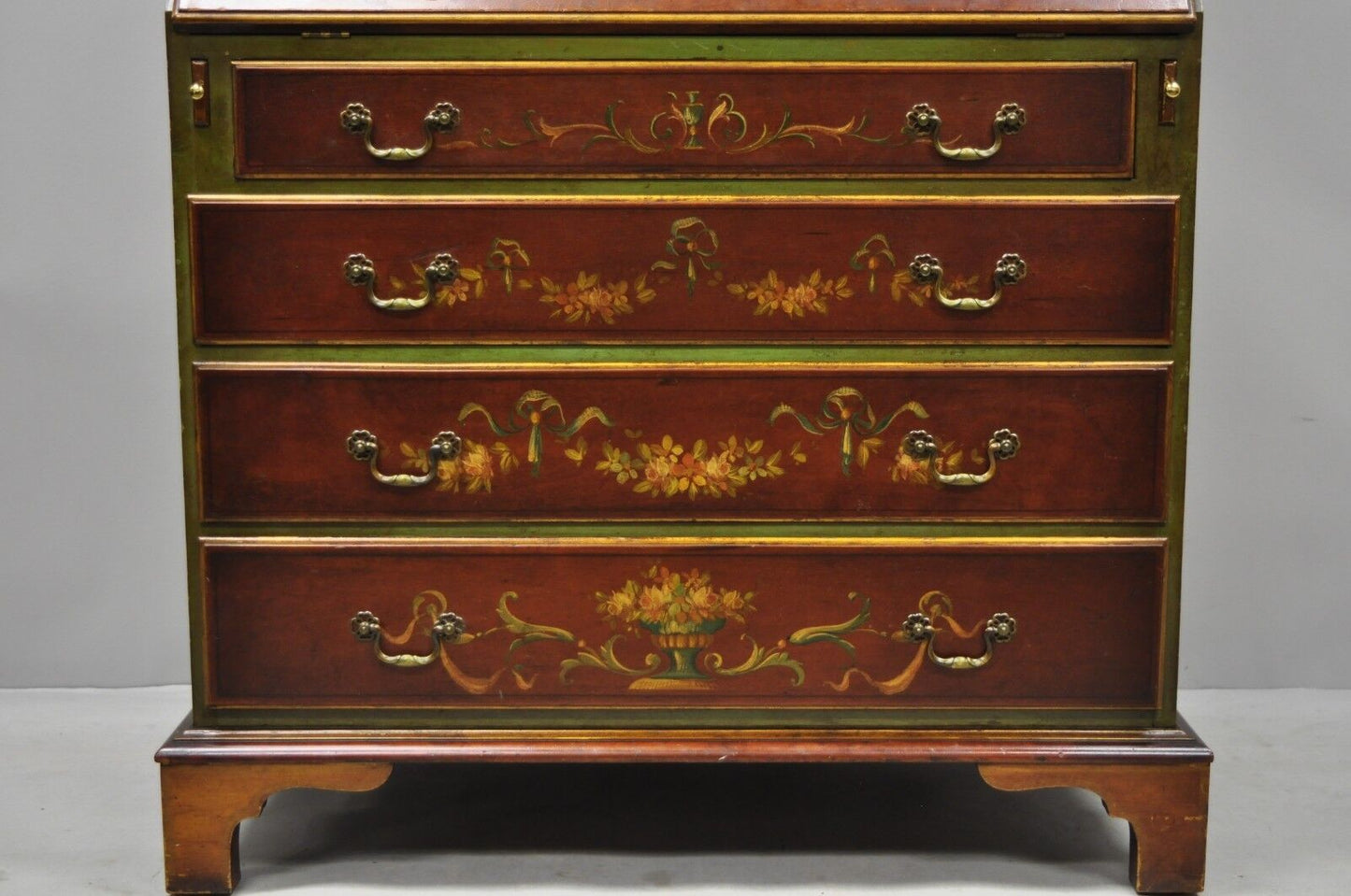 Early 20th C. English Adams Style Hand Painted Double Bonnet Top Secretary Desk