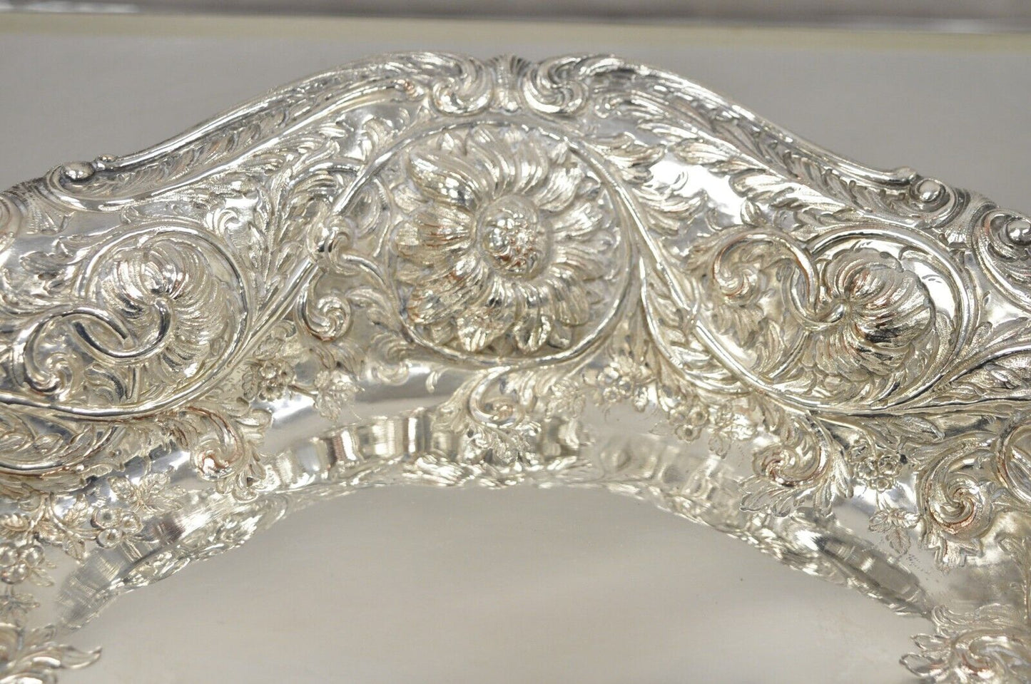 Pair M&H English Victorian Art Nouveau Silver Plate Floral Repousse Fruit Bowls