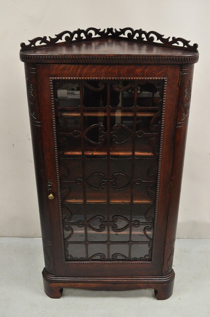 Antique Arts & Craft Oak Wood Glass One Door Fretwork Corner China Cabinet Curio