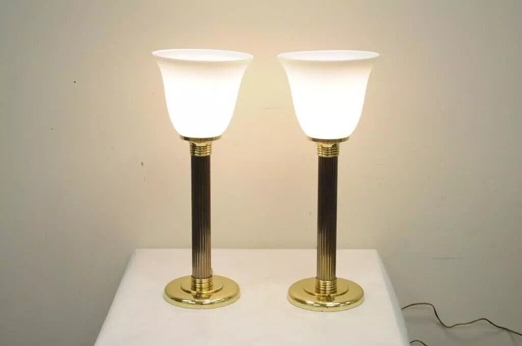 Vintage Brass & Glass Fluted Column Hollywood Regency Empire Table Lamps - Pair