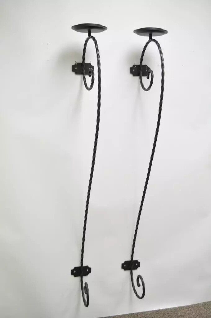 Large Scrolling Twisted Wrought Iron Candle Holder Wall Mounted Sconces - a Pair