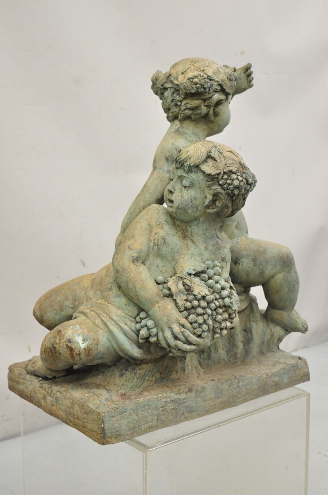 French Neoclassical Style Verdigris Bronze Large Bacchus Cherubs Putti Sculpture