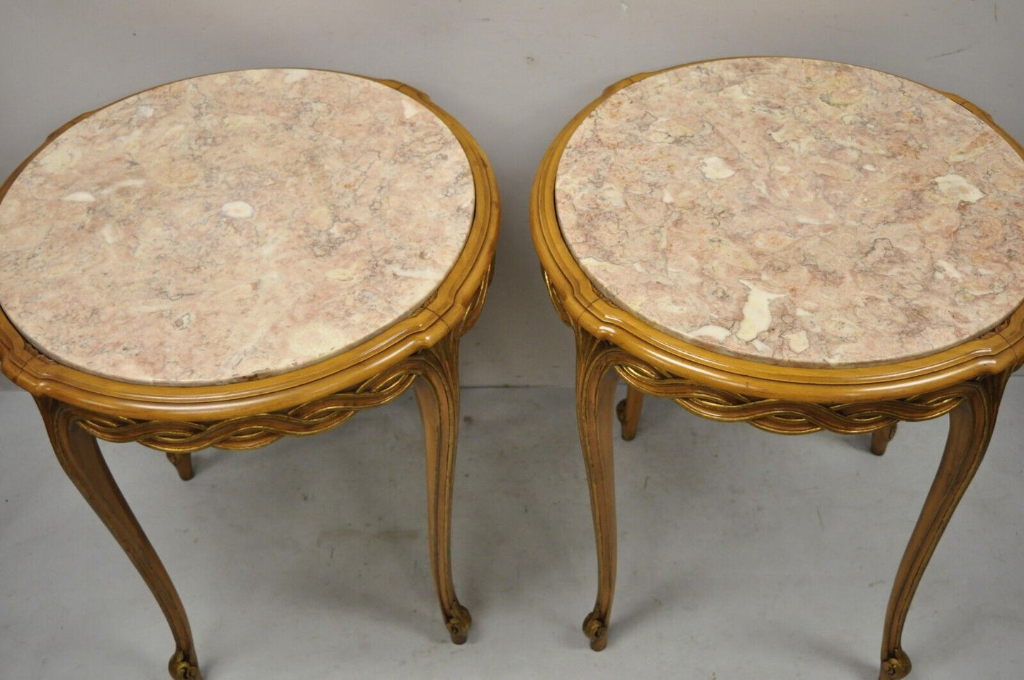 French Provincial Hollywood Regency Round Pink Marble Top Side Tables - a Pair