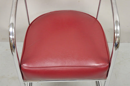 Lloyd Kem Weber Tubular Chrome Steel Red Vinyl Cantilever Arm Chair