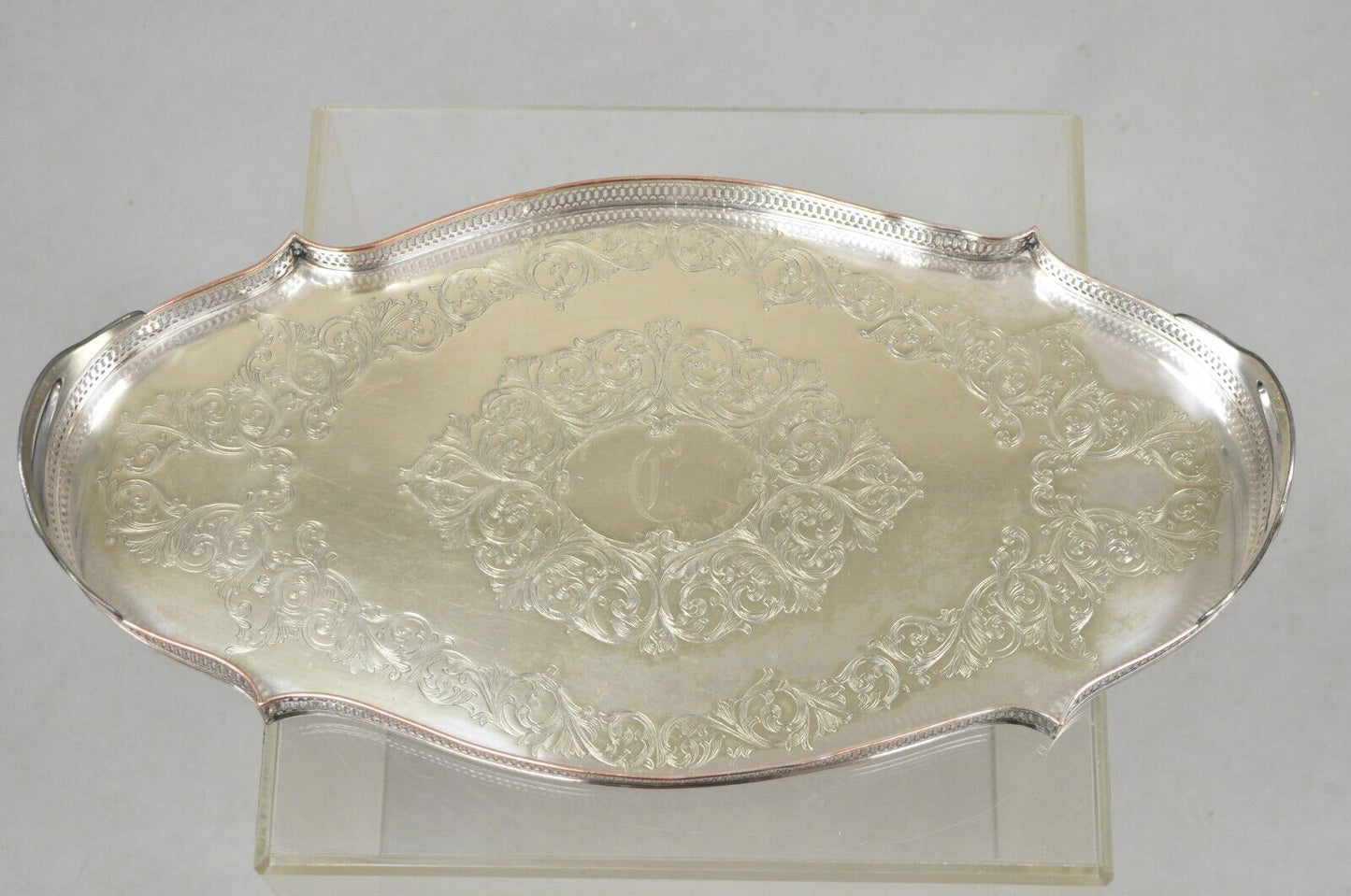 Vintage English LBS Co 982 Silver Plated Scalloped Oval Pierced Gallery Tray