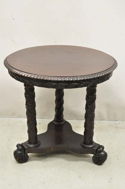 Antique American Empire Floral Spiral Carved Mahogany Round Library Center Table