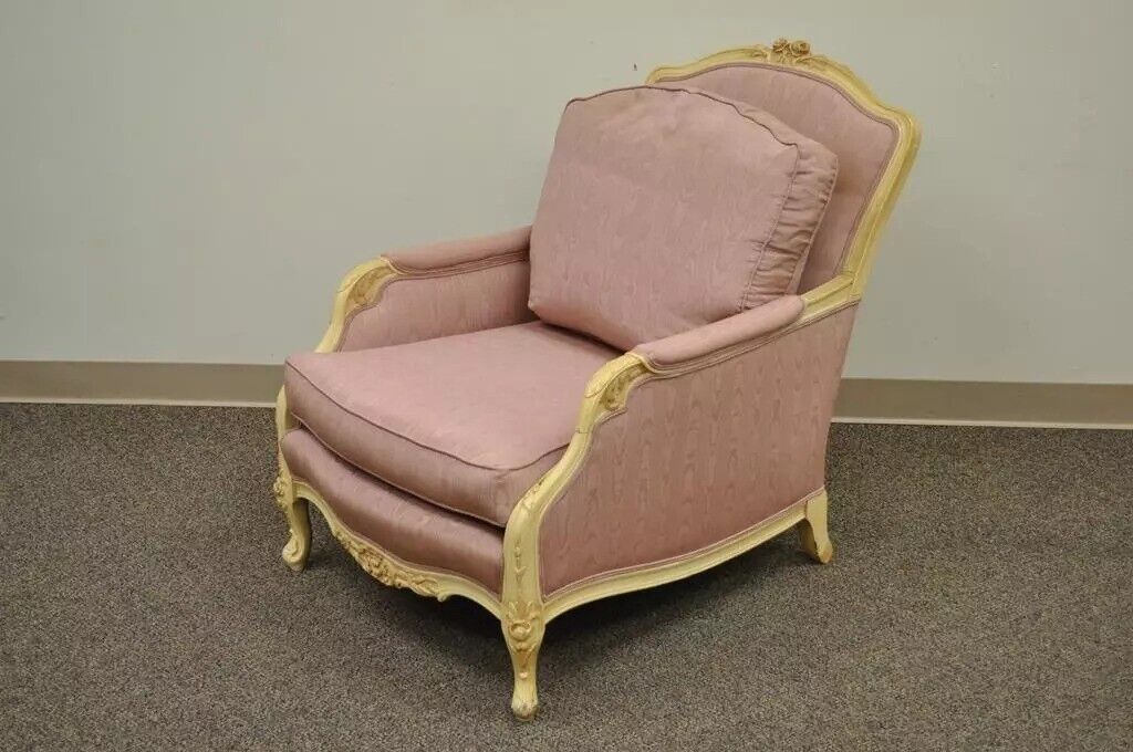 Vintage French Hollywood Regency Style Cream Carved Parlor Fireside Lounge Chair