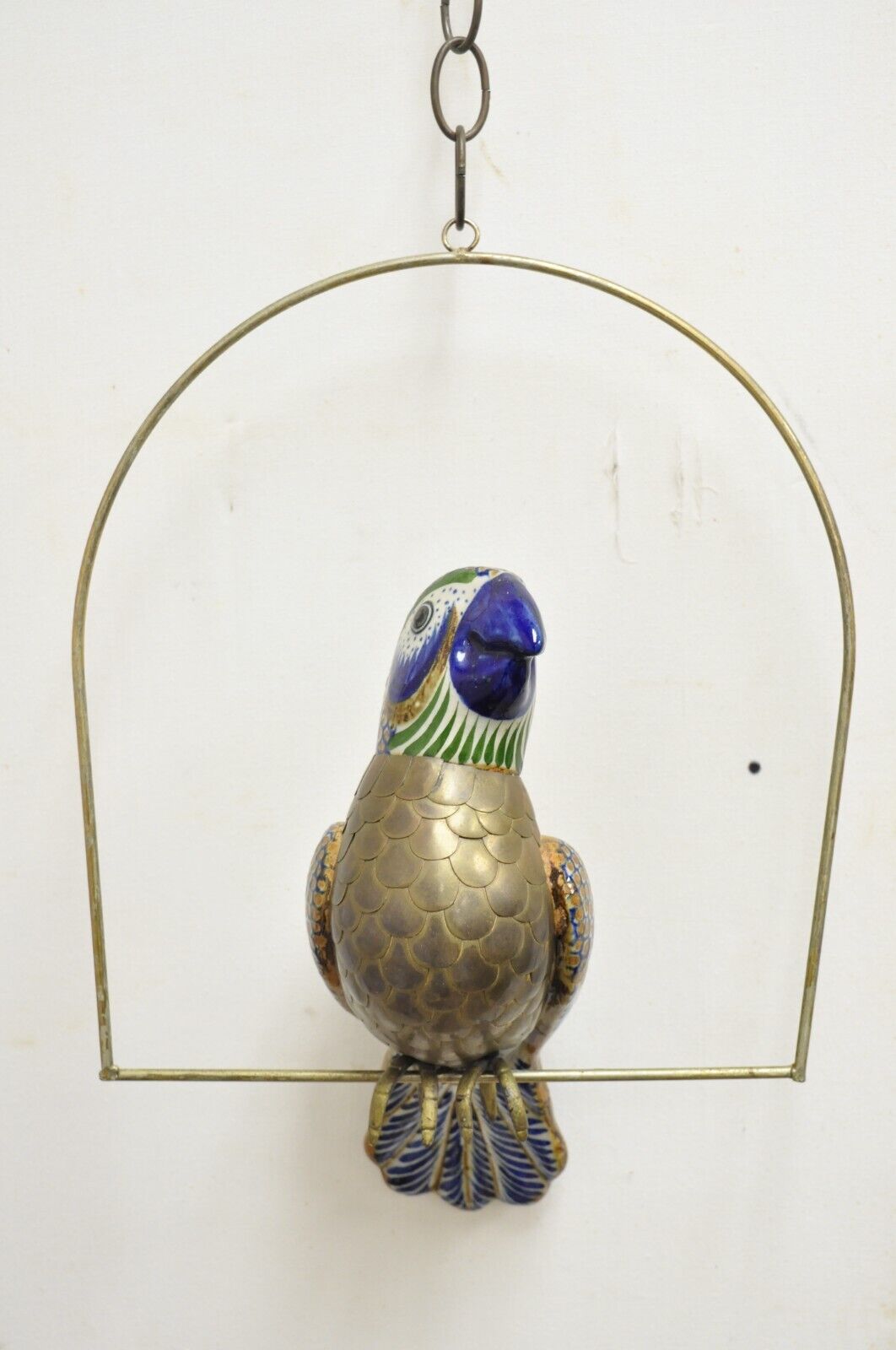 Vintage Sergio Bustamante Brass and Ceramic Perched Parrot Sculpture - a Pair