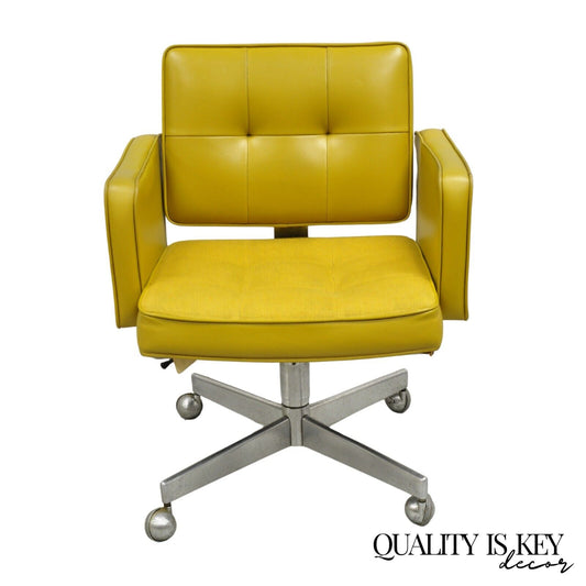 Shaw Walker Mid Century Modern Mustard Yellow Vinyl Swivel Office Desk Chair