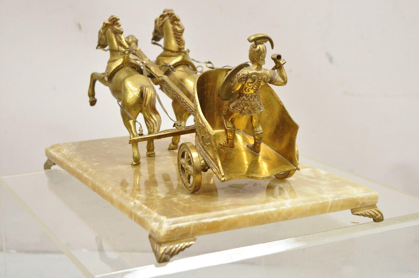 Vintage Gold Gilt Metal Roman Horse Drawn Chariot Sculpture on Marble Base