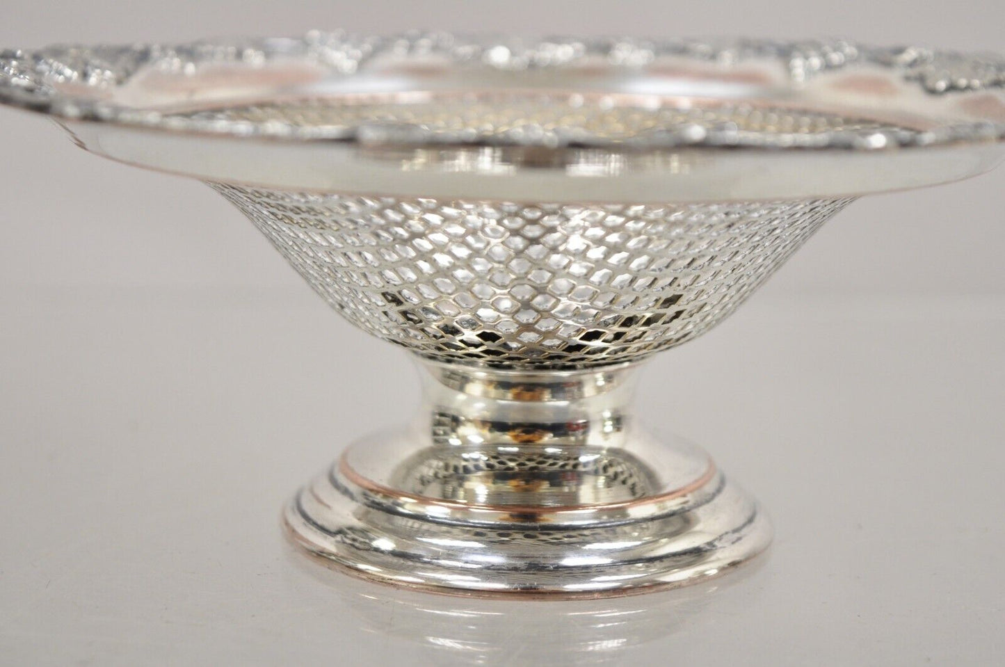 English Edwardian Silver Plated Wreath Design Small Mesh Basket Candy Dish -Pair