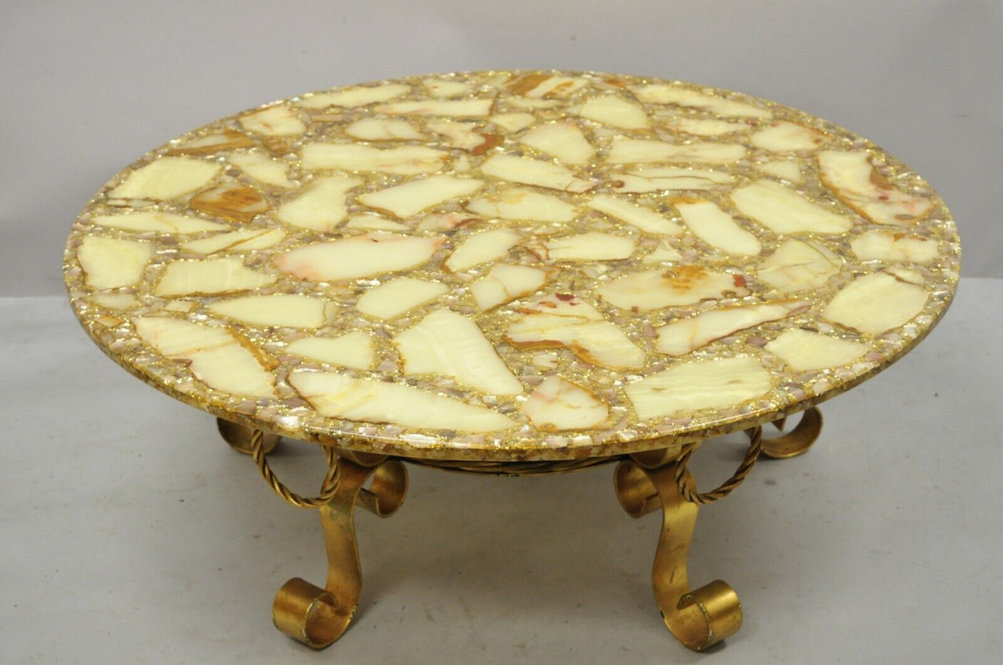 Hollywood Regency Gold Iron Scroll Agate Stone Specimen Resin Top Coffee Table