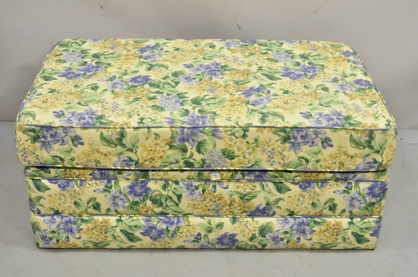 Traditional Oversized Storage Ottoman Yellow and Blue Floral Custom Upholstered