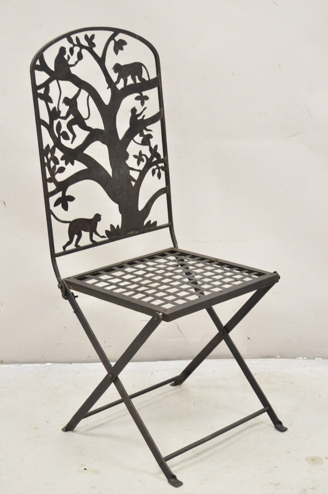 Vintage Wrought Iron Figural Monkeys In Tree Folding Garden Accent Chair