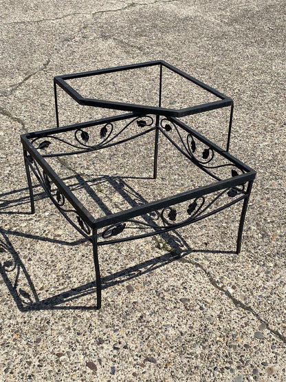 Vintage Woodard Scrolling Leaf Wrought Iron Patio Corner 2 Tier Coffee Table