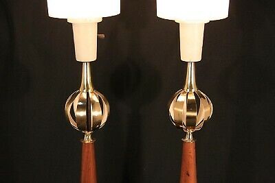 Pair of Vintage Mid Century Modern Lightolier Brass Orb Lamp Gerald Thurston