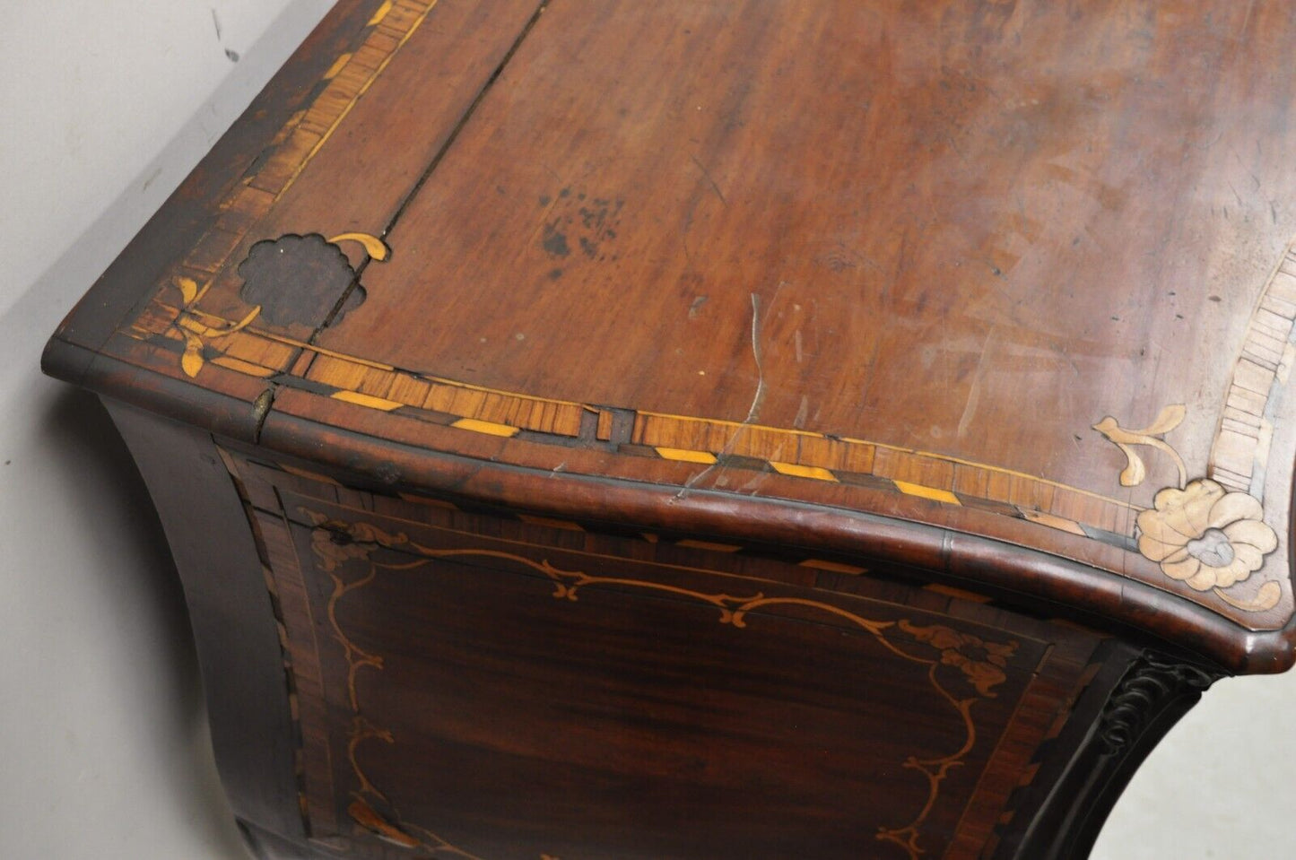 Antique French Louis XV Style Marquetry Inlay Bombe Commode Chest of Drawers TLC