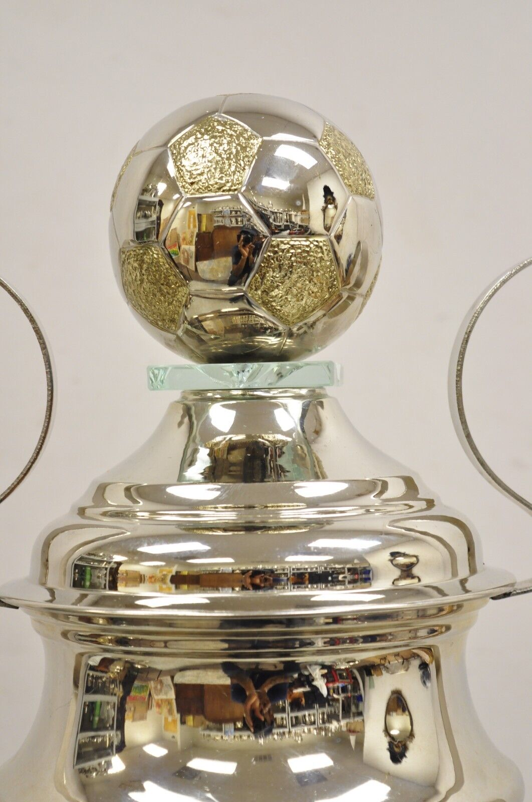 Large Modern Soccer Futbol Twin Handle Silver Metal Trophy Cup Award With Ball