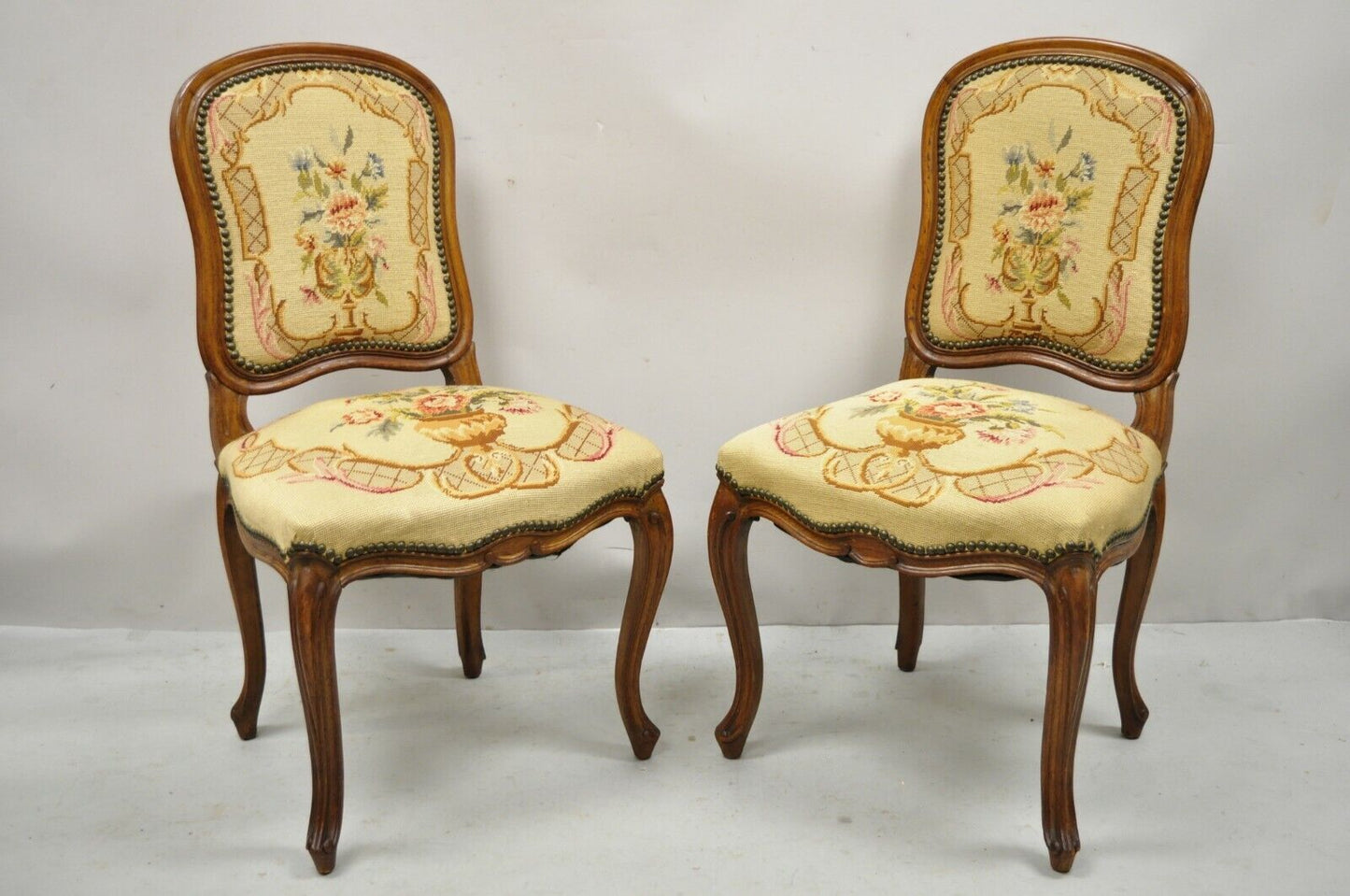 Antique French Provincial Louis XV Walnut Floral Needlepoint Side Chair - a Pair