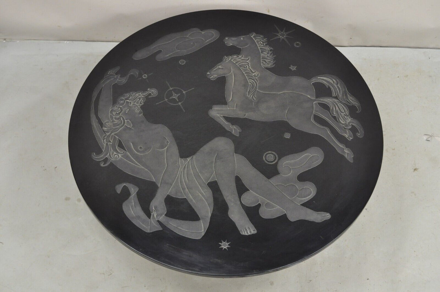 Vintage Art Nouveau Style Greek Horses and Nude Female Round Coffee Table