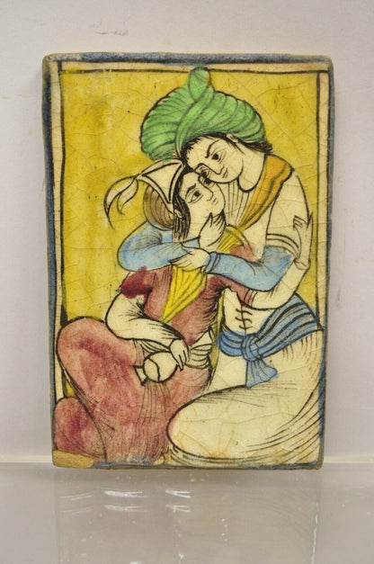 Antique Persian Iznik Qajar Style Ceramic Yellow Pottery Tile Loving Couple B C5