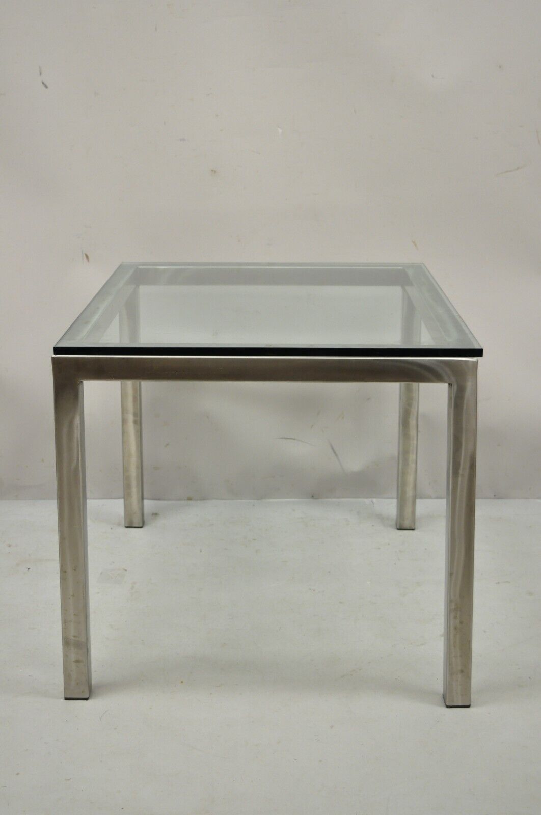 Mid Century Modern Brushed Metal Glass Top Baughman Style Side Table