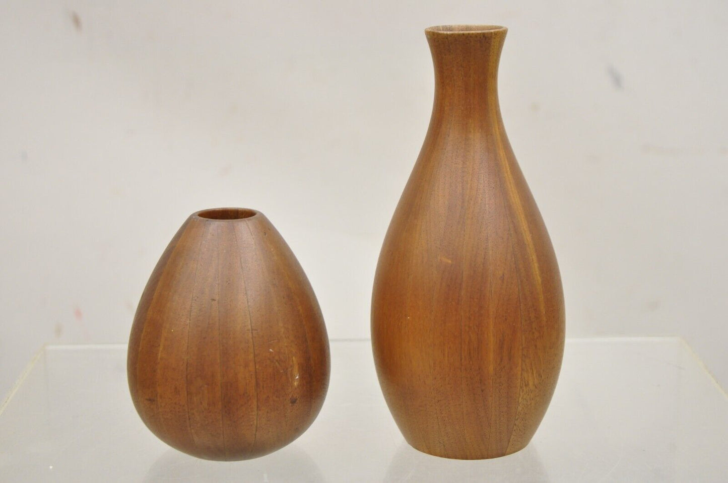 Mid Century Danish Modern Bulbous Sculpted Teak Wood Flower Bud Vase - 2 Pcs