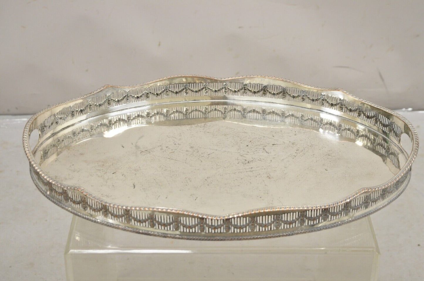 English Sheffield William Adams Silver Plated Pierced Drape Gallery Oval Tray