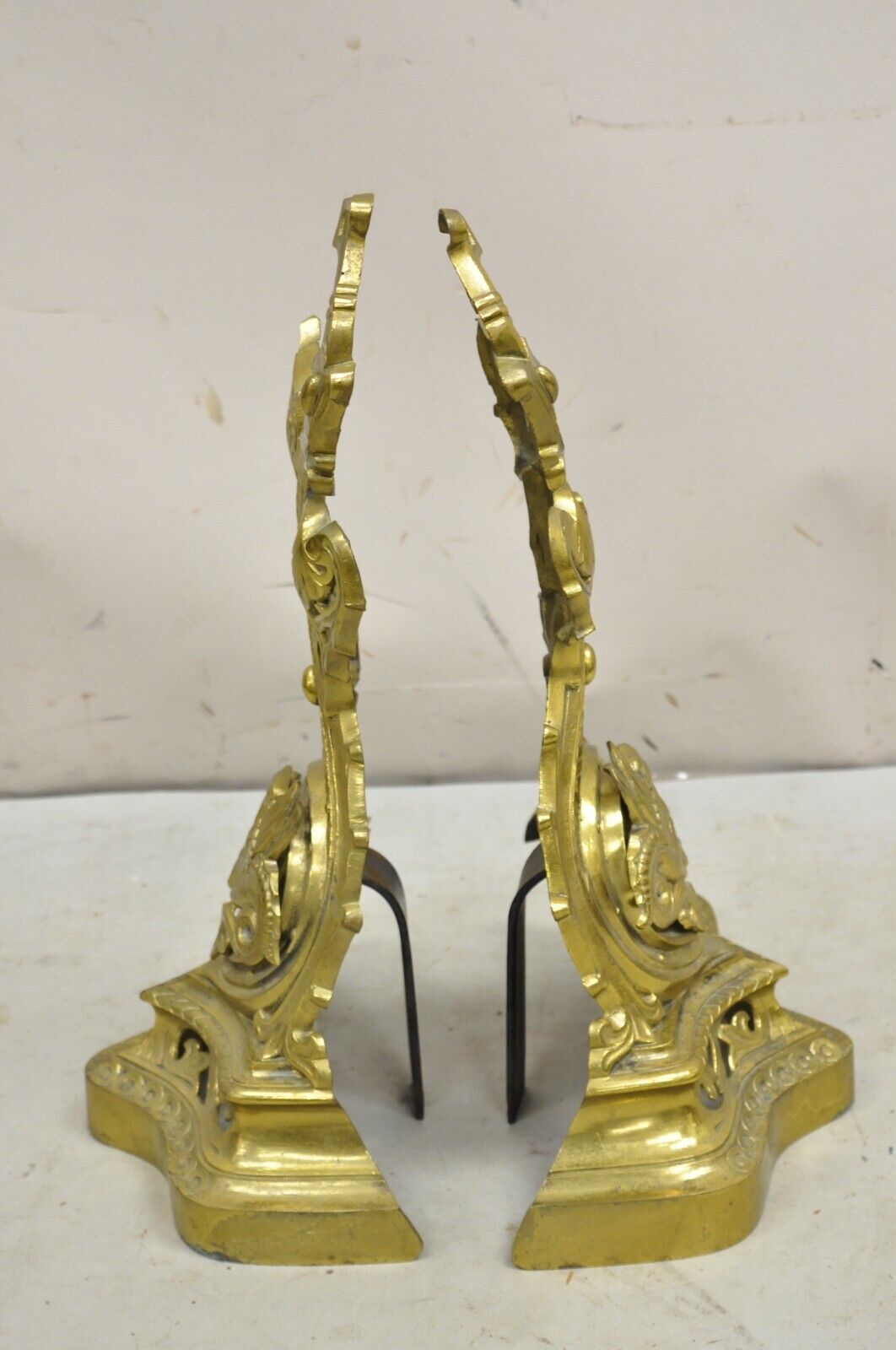 Vintage French Baroque Style Brass Figural Andirons with Dragon Griffins - Pair