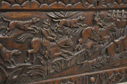 Antique Oak Jacobean Relief Carved Hunt Scene Architectural Wall Panel Plaque