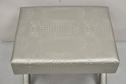 Decorator Hollywood Regency Faux Croc Silver X-Base Nailhead Trim Bench Stool