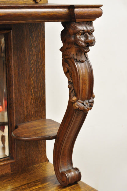 Antique Victorian Figural Lion & Griffin Carved Oak Wood Sideboard Buffet