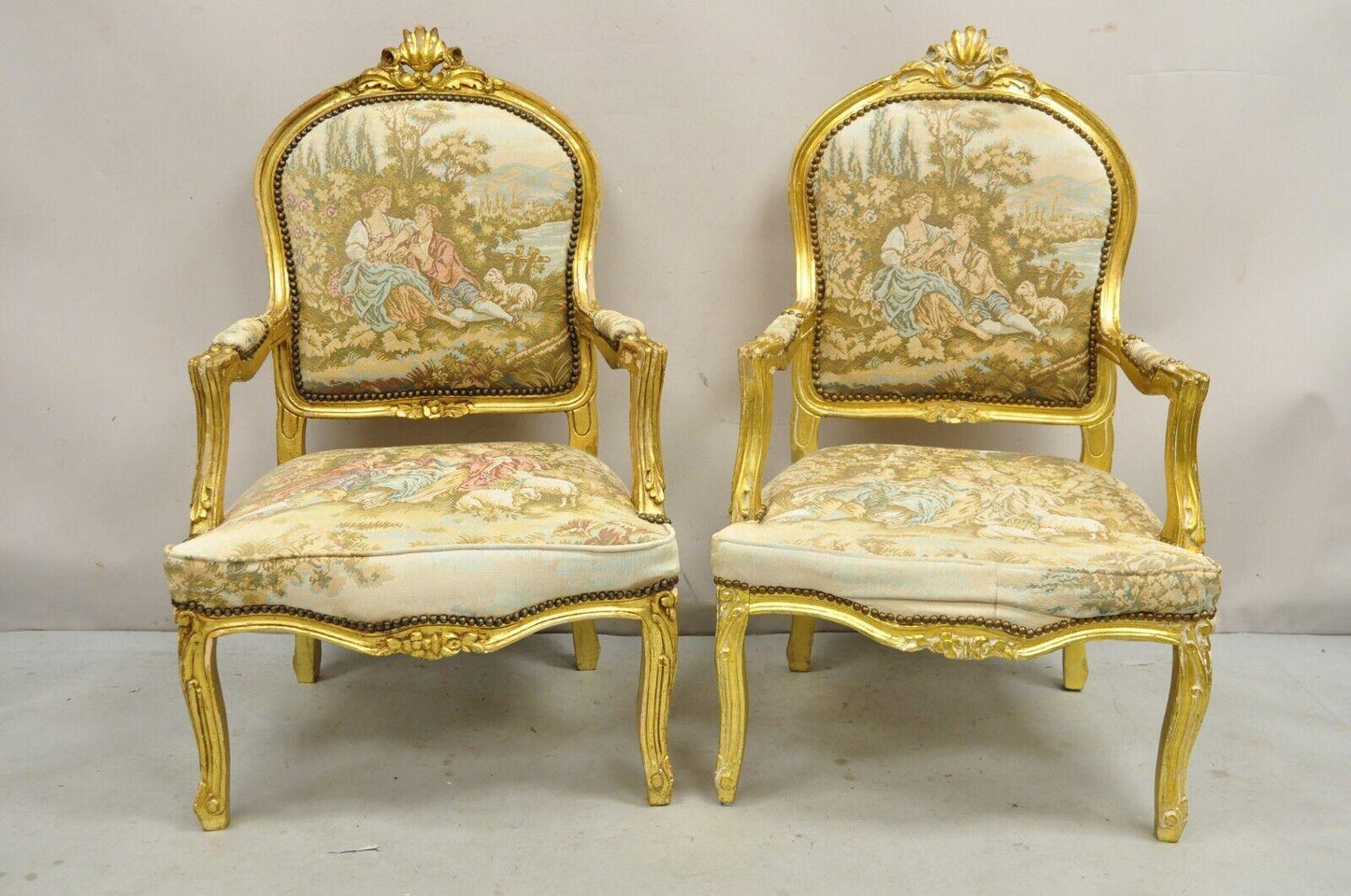 Vintage French Louis XV Style Gold Giltwood Tapestry Fabric Arm Chairs - a Pair