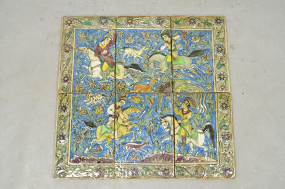 Antique Persian Iznik Qajar Style Ceramic Pottery Tile Mosaic Hunt Scene 6 Pc C7