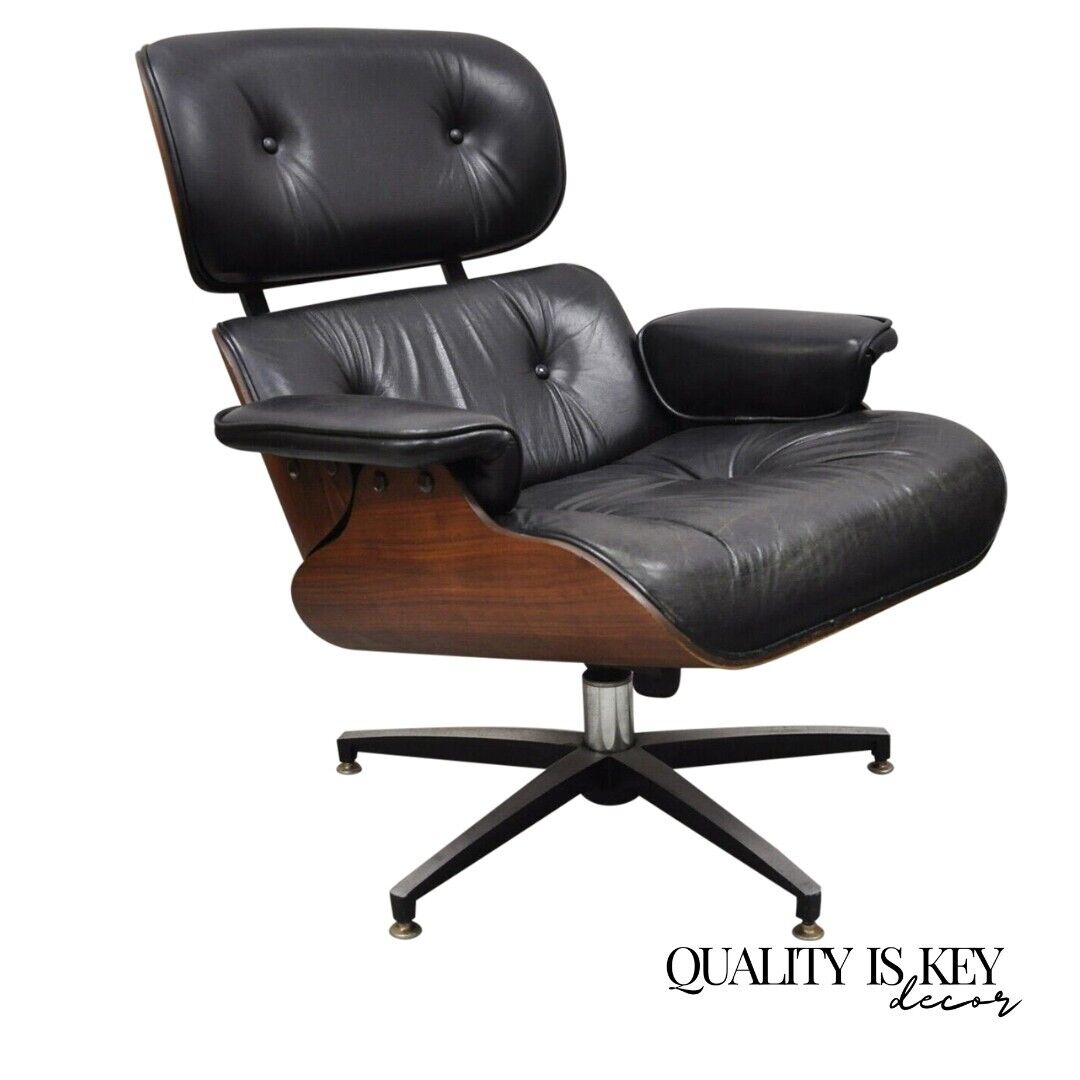 Vintage Selig Plycaft Black Leather Eames Style Walnut Swivel Tilt Lounge Chair