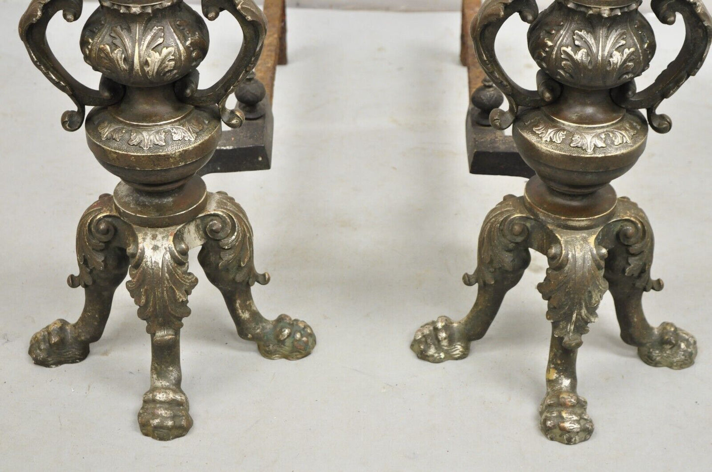 Antique French Empire Cast Iron & Silvered Bronze Paw Foot Andirons - a Pair