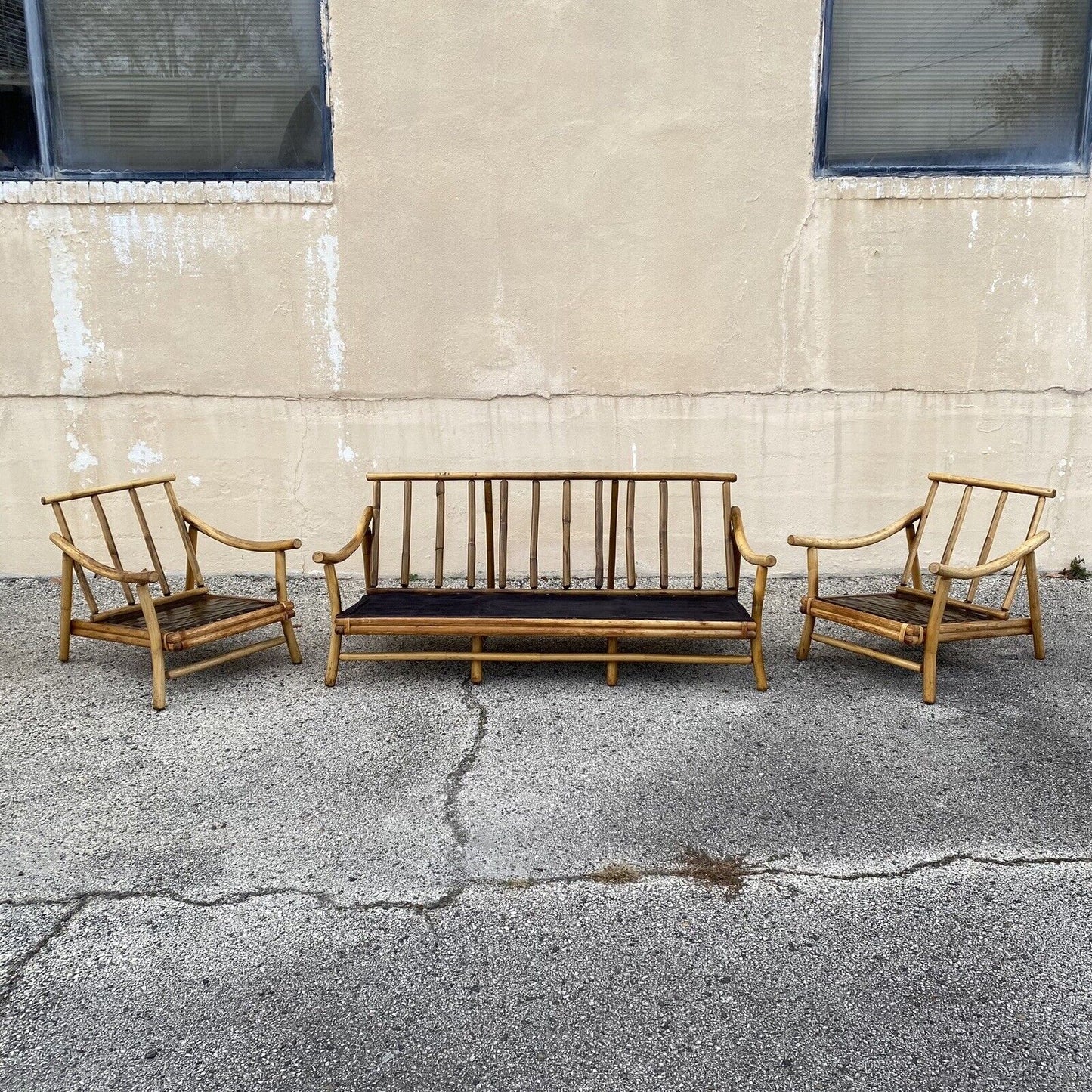 Vintage Ficks Reed Bamboo Rattan Tiki Sofa Set with Lounge Chairs - 3 Pc Set