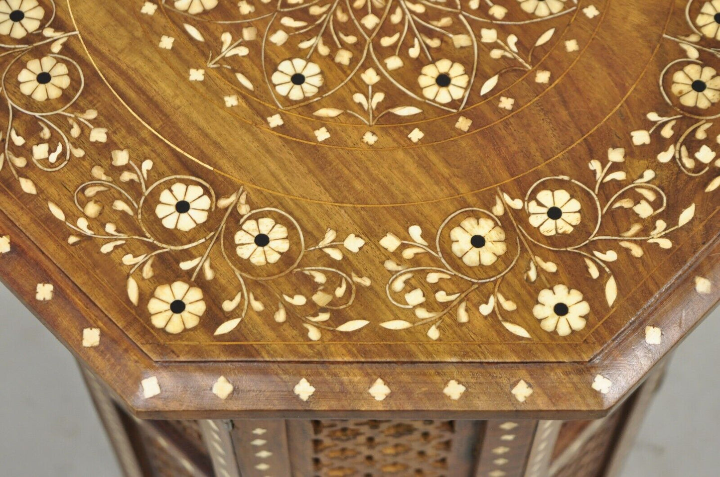 Vintage Anglo Indian Bone Inlay Octagonal Folding Mahogany Wood Side Table